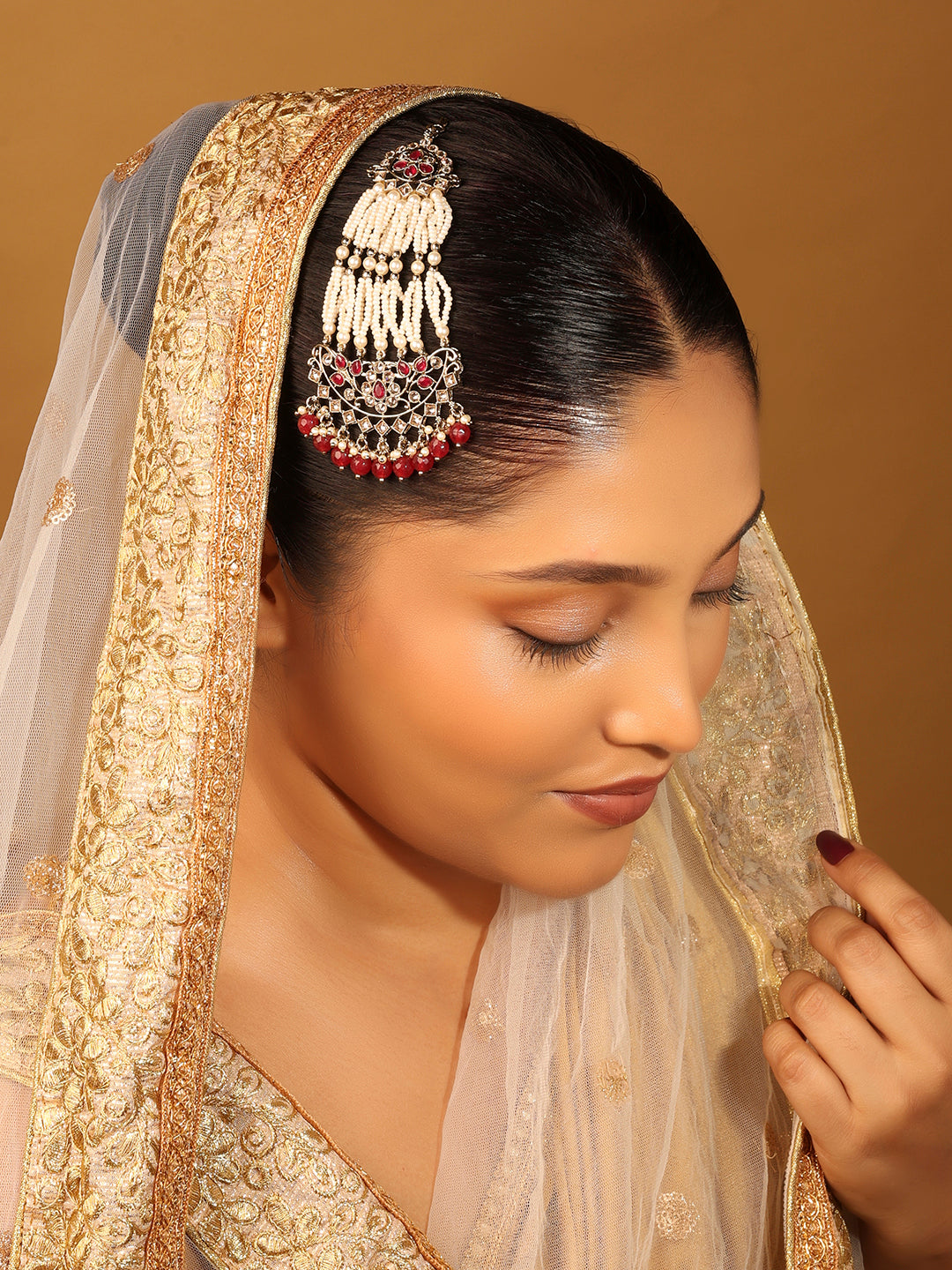 Flower and Leaf Design Uncut Kundan Gold Plated Passa / Matha Patti - Ruby Passa / Matha Patti by Yashwanti London