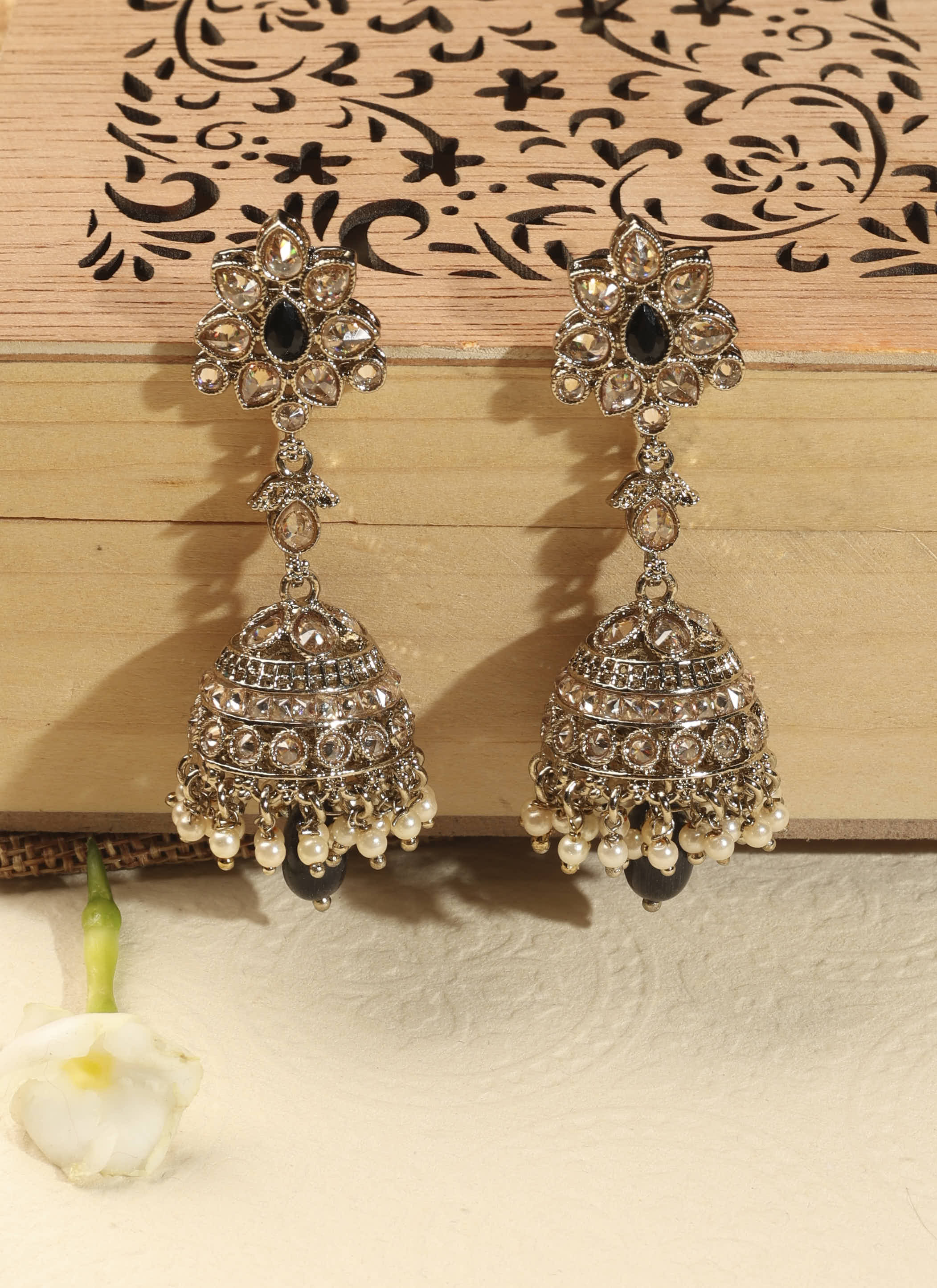 Flower and Oval Shape Uncut Kundan Antique Gold Plated Jhumki Earrings - Black Jhumki Earrings by Yashwanti London