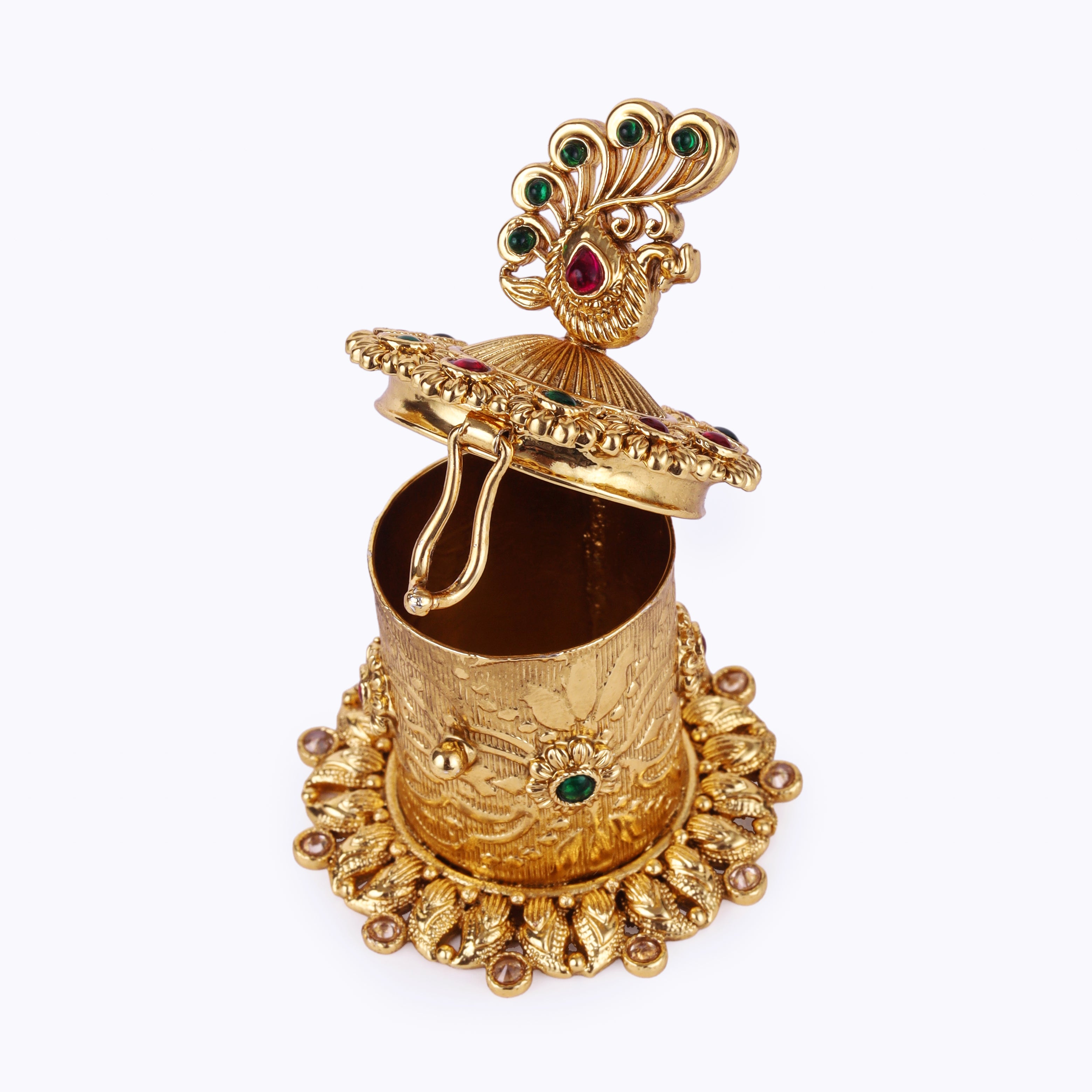 Peacock Design Beads Gold Plated Sindoor Dani - Gold Sindoor Dani by Yashwanti London