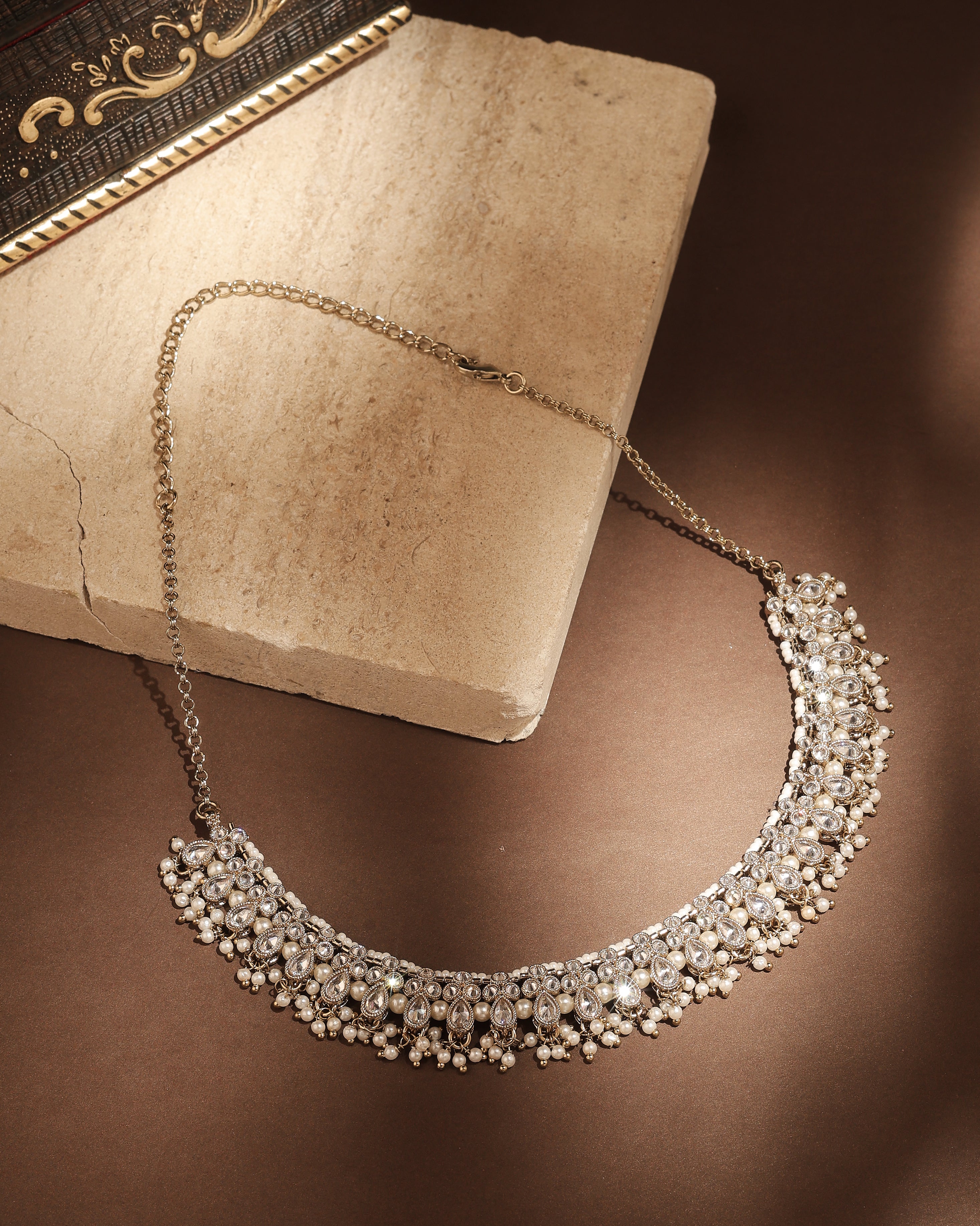 Pear Shape Pearl Guchha Uncut Kundan Antique Gold Plated Necklace Set With Maang Tikka - White Necklace Set With Maang Tikka by Yashwanti London