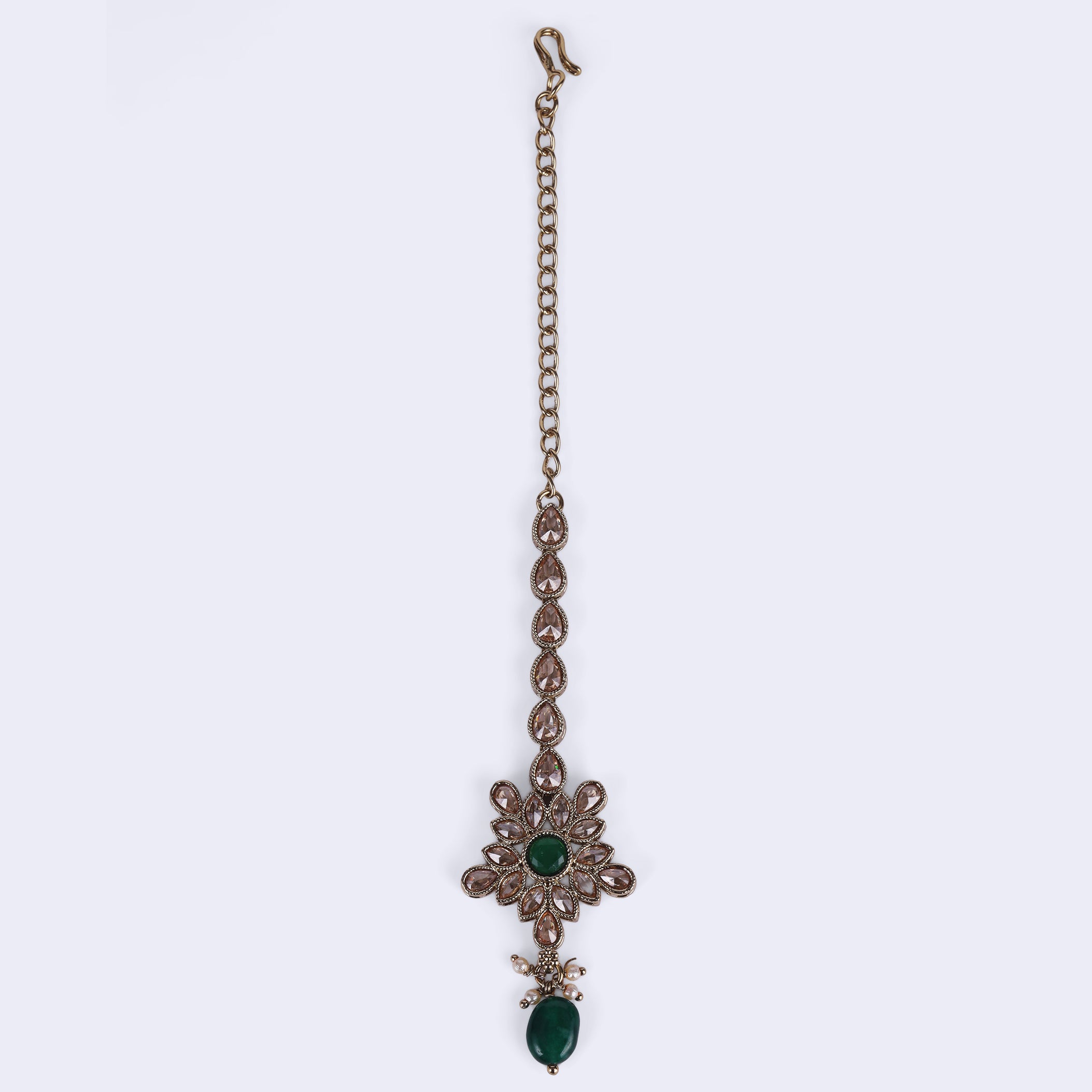 Flower and Oval Shape Uncut Kundan Gold Plated Maang Tikka - Green Maang Tikka by Yashwanti London
