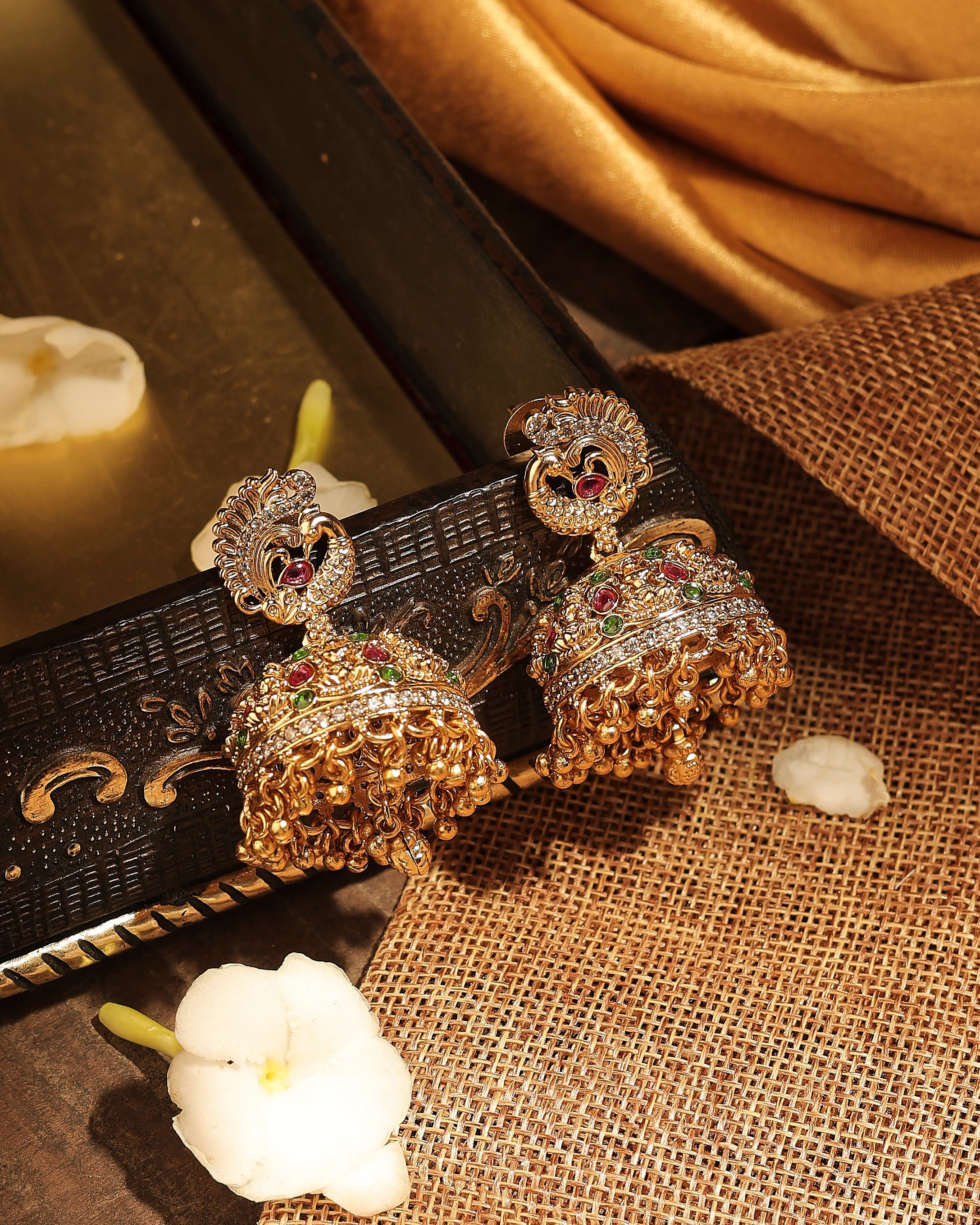 Peacock Design Uncut Kundan Gold Plated Jhumki Earrings - Multi Jhumki Earrings by Yashwanti London