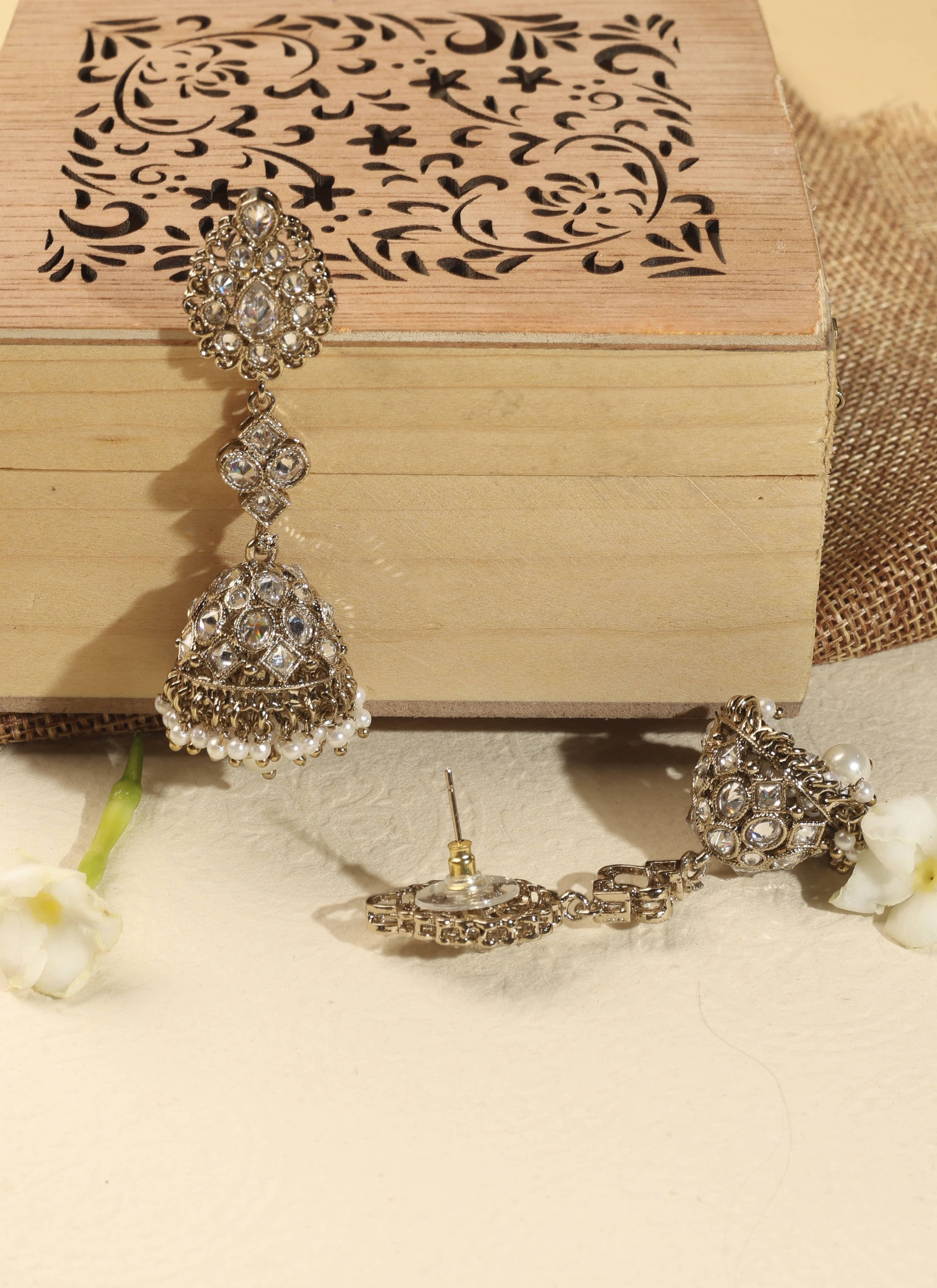 Oval Shape Uncut Kundan Antique Gold Plated Jhumki Earrings - White Jhumki Earrings by Yashwanti London