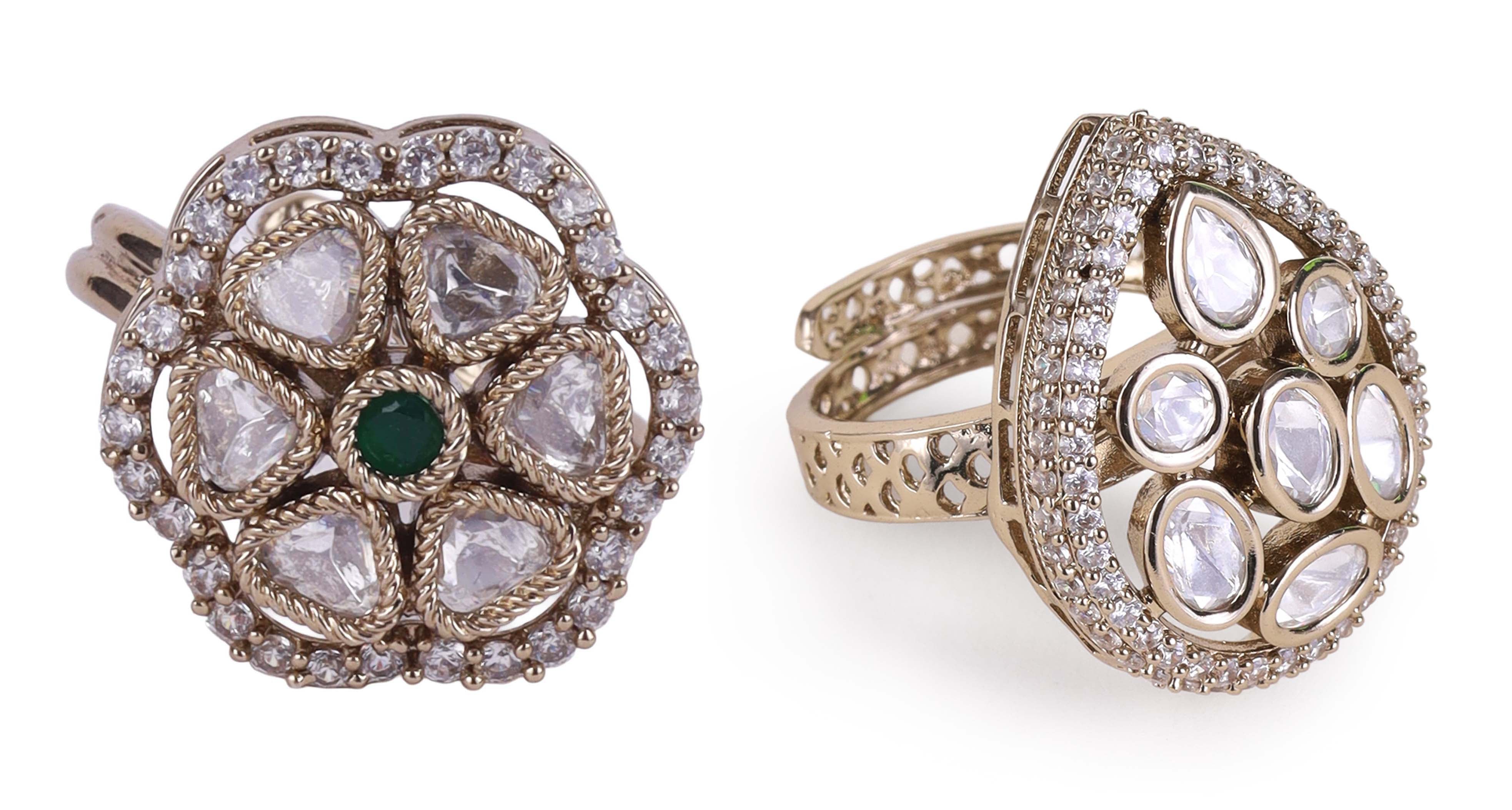 Oval Shape White Stone Uncut Kundan Antique Gold Plated Adjustable Ring - Green and White Adjustable Ring by Yashwanti London