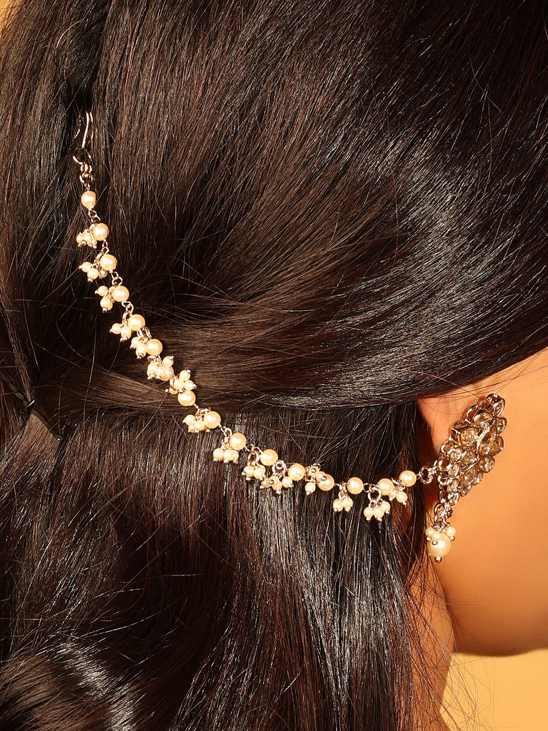Long Chain Pearl Gold Plated Ear Chain / Kaanchain - Gold Ear Chain / Kaanchain by Yashwanti London