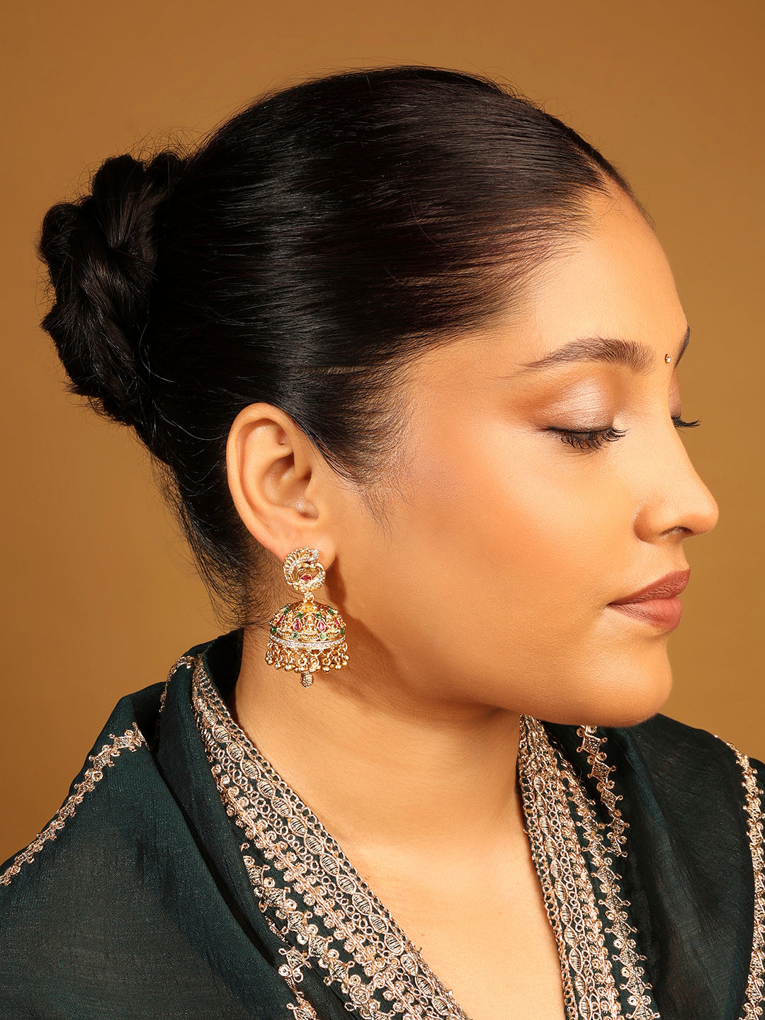 Peacock Design Uncut Kundan Gold Plated Jhumki Earrings - Multi Jhumki Earrings by Yashwanti London