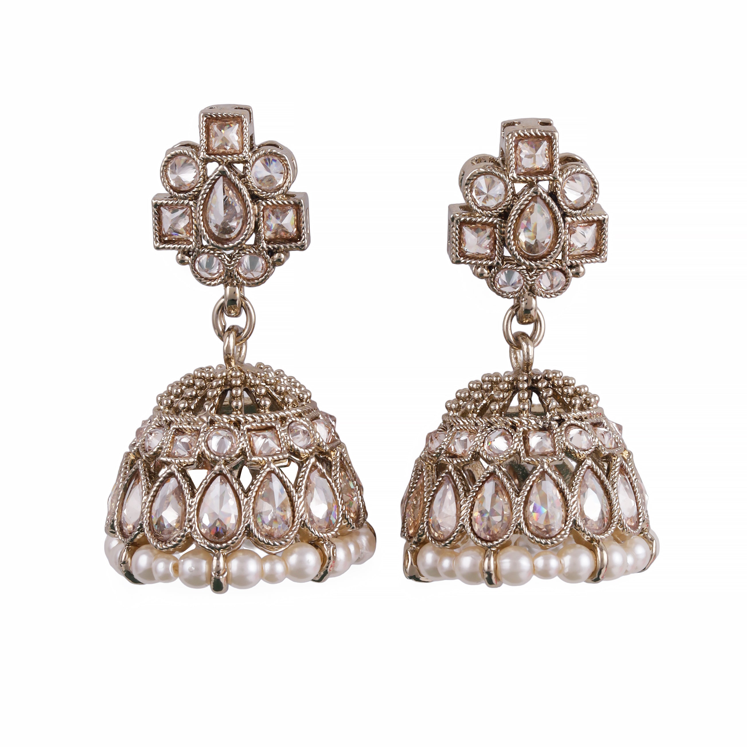 Oval Shape Brown Uncut Kundan Stone Antique Gold Plated Jhumki Earrings - Brown Jhumki Earrings by Yashwanti London