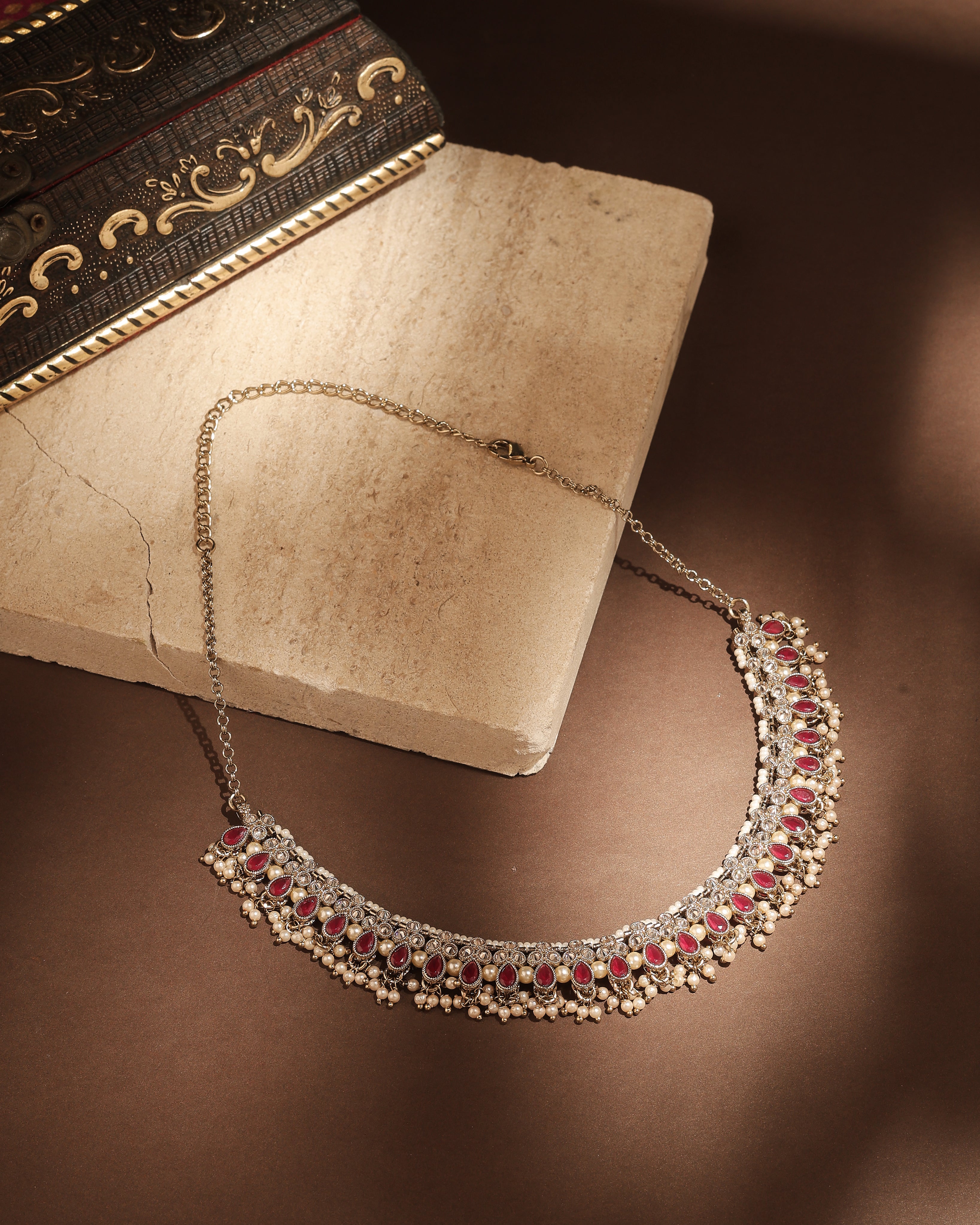 Pear Shape Pearl Guchha Uncut Kundan Antique Gold Plated Necklace Set With Maang Tikka - Red Necklace Set With Maang Tikka by Yashwanti London