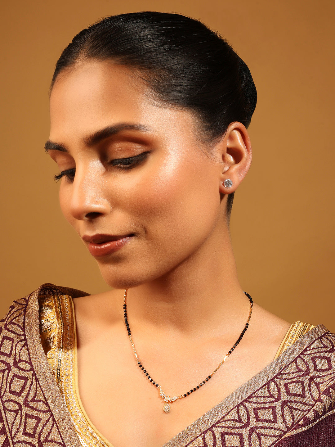 Oval and Flower Design CZ/Black Beads Gold Plated Mangalsutra - Gold Mangalsutra by Yashwanti London