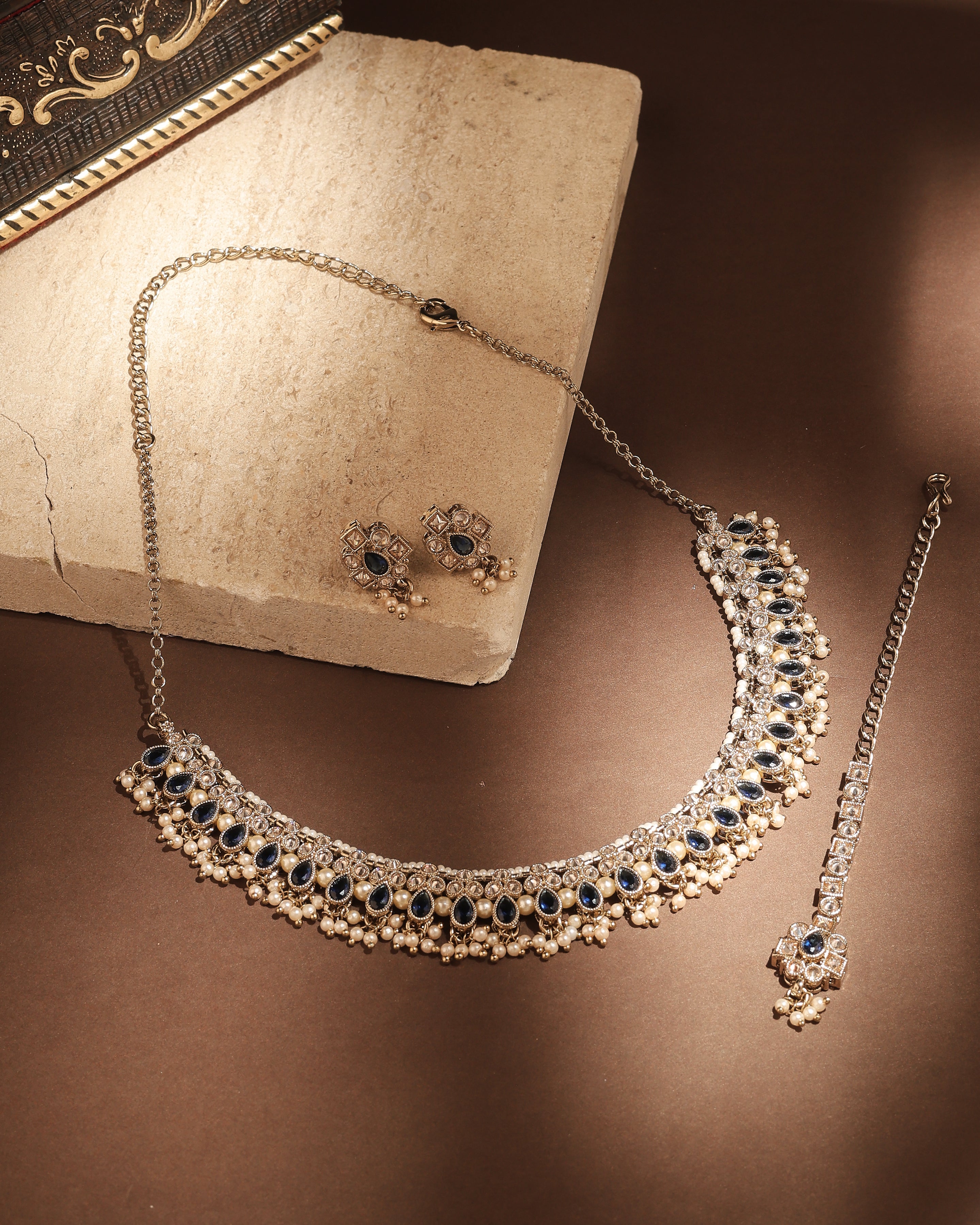 Pear Shape Pearl Guchha Uncut Kundan Antique Gold Plated Necklace Set With Maang Tikka - Blue Necklace Set With Maang Tikka by Yashwanti London