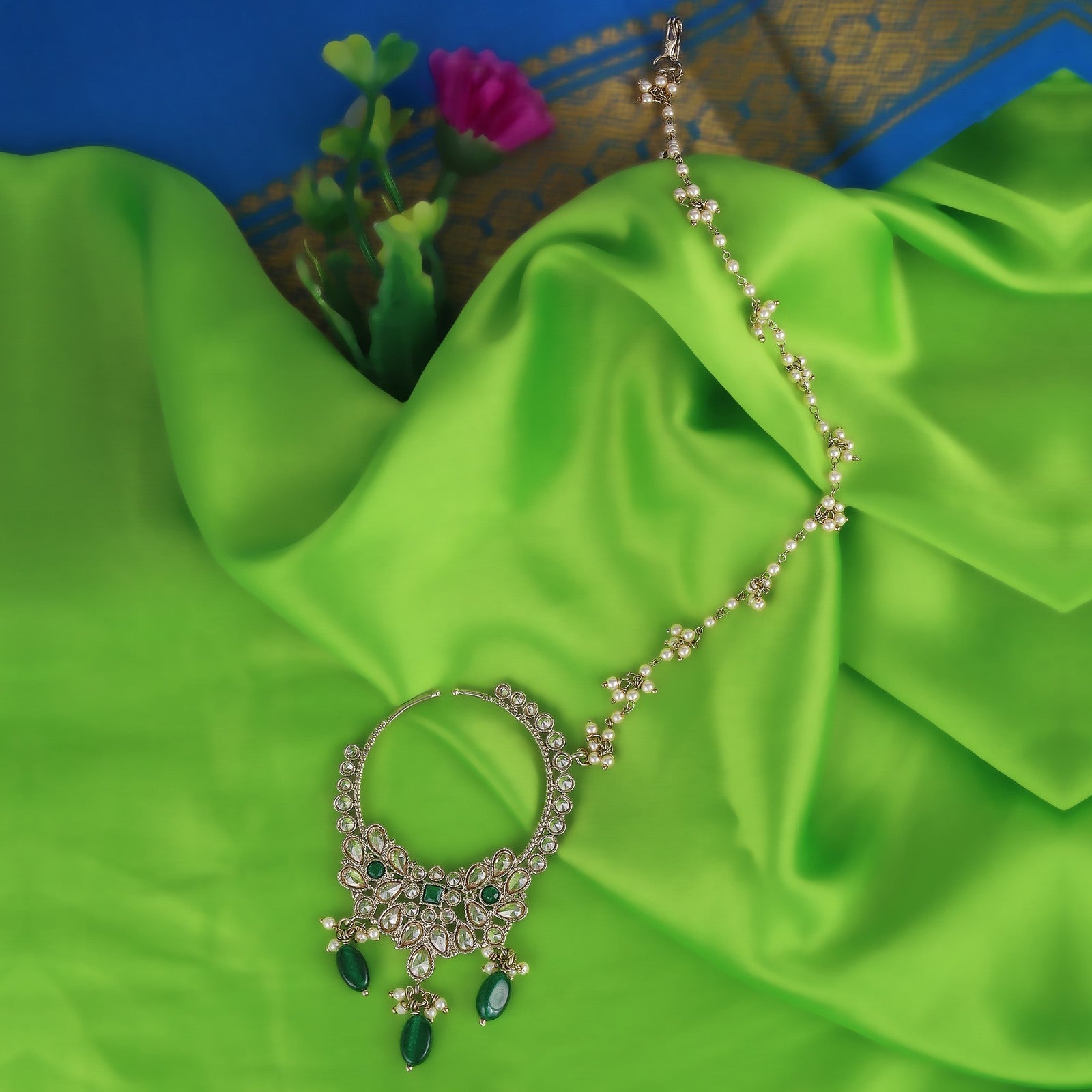 Green Kundan Aura Nose Ring