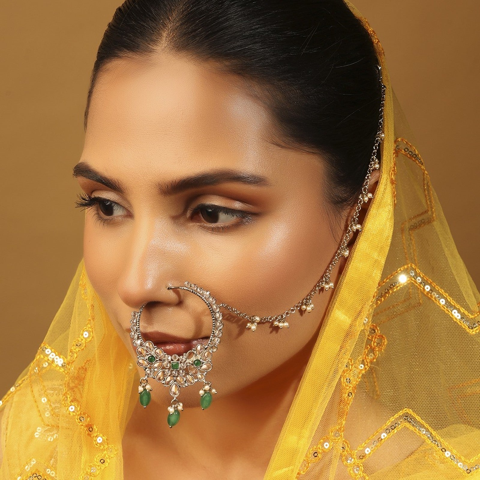 Green Kundan Aura Nose Ring