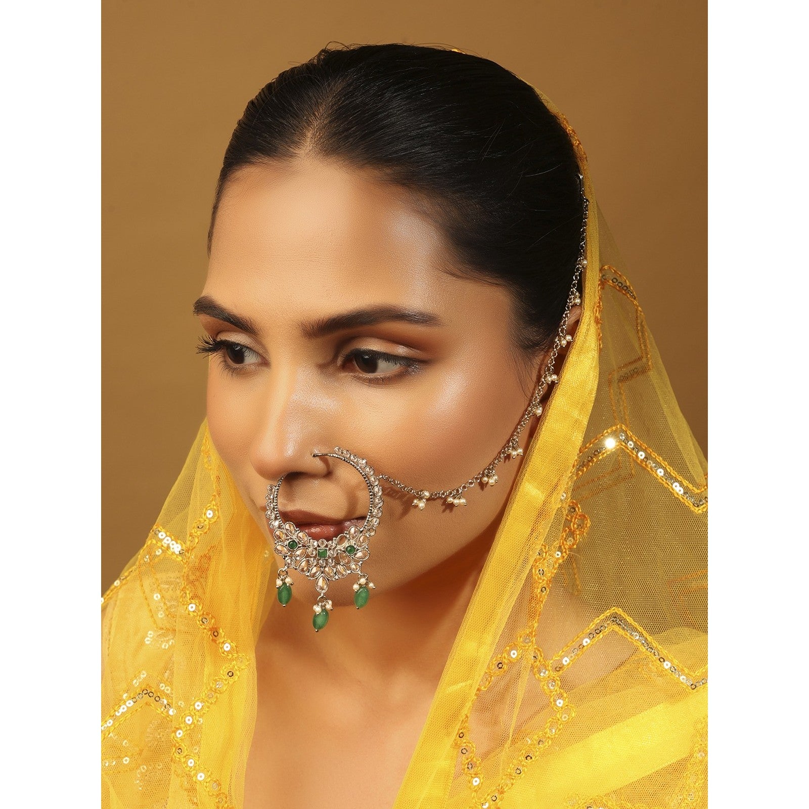 Green Kundan Aura Nose Ring
