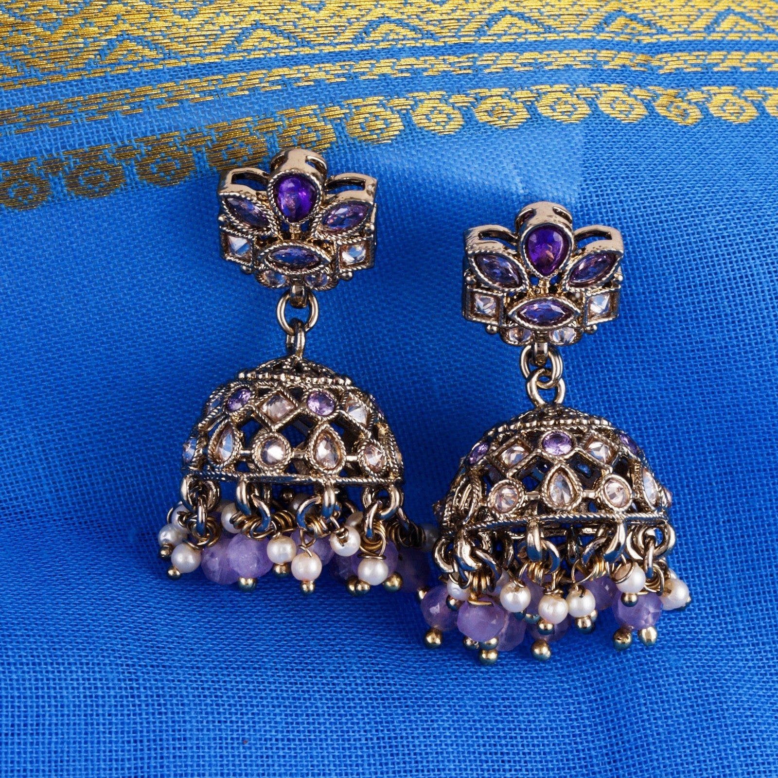 Purple Kundan Regal Jhumki Earrings
