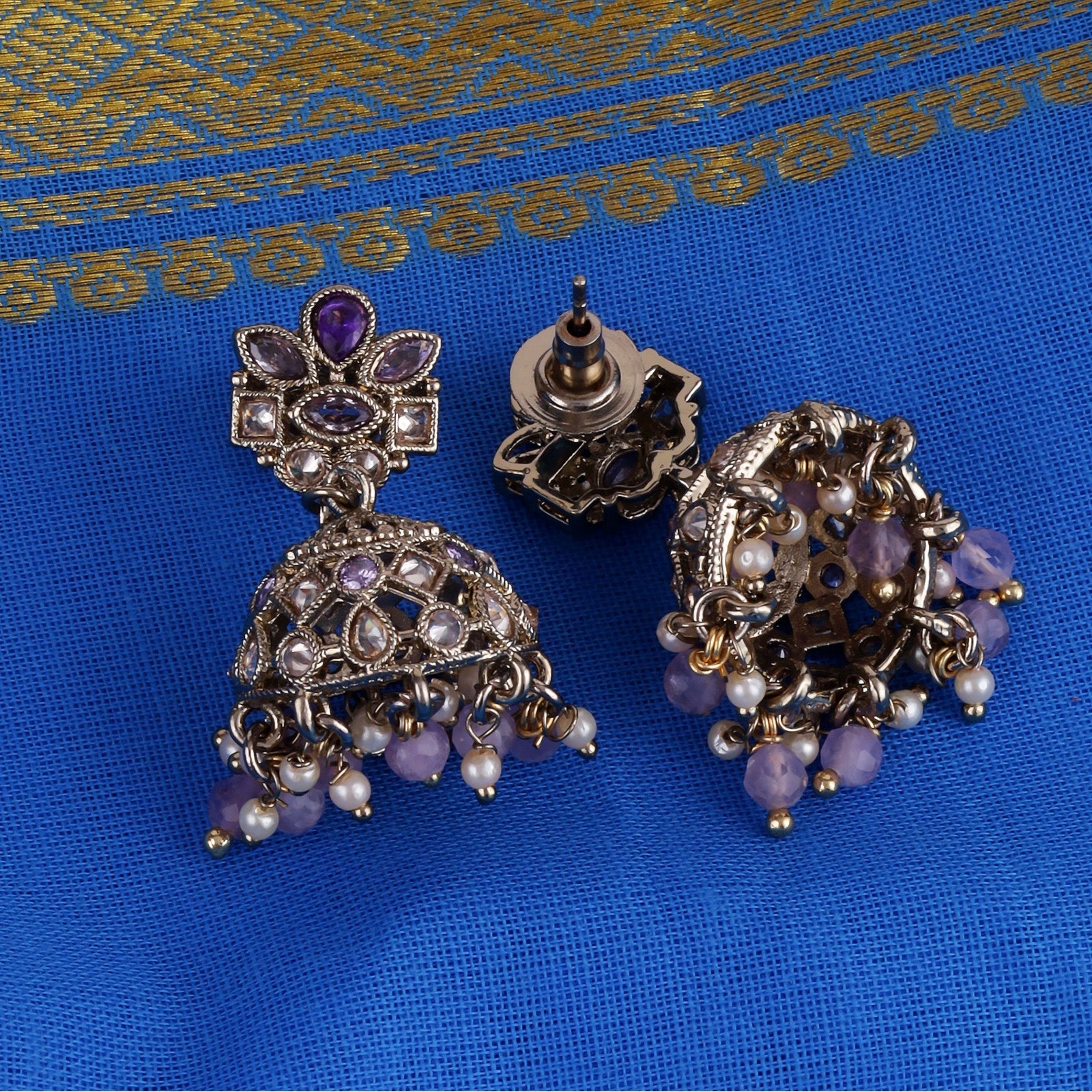 Purple Kundan Regal Jhumki Earrings