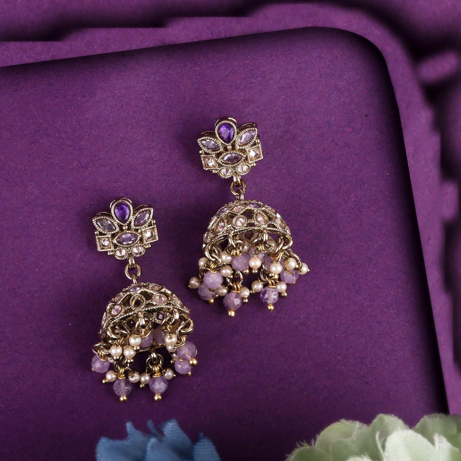 Purple Kundan Regal Jhumki Earrings
