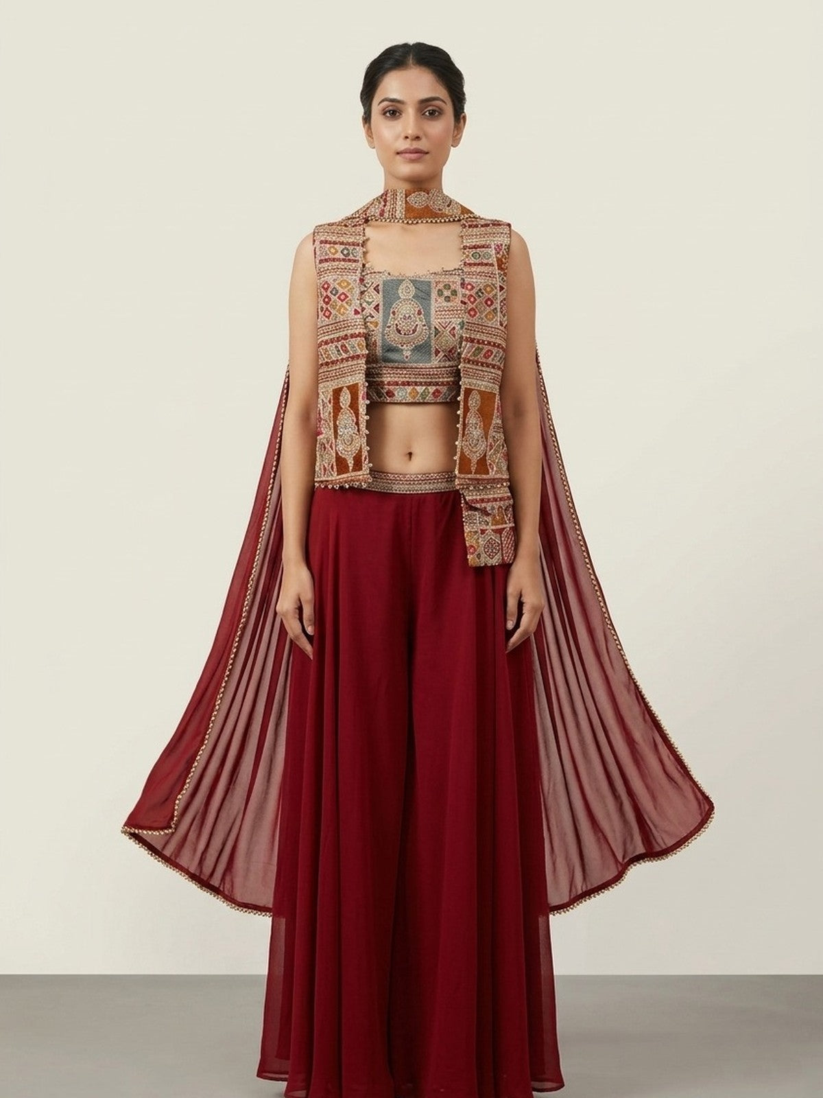 Wine Georgette Aura Indo-Western Set