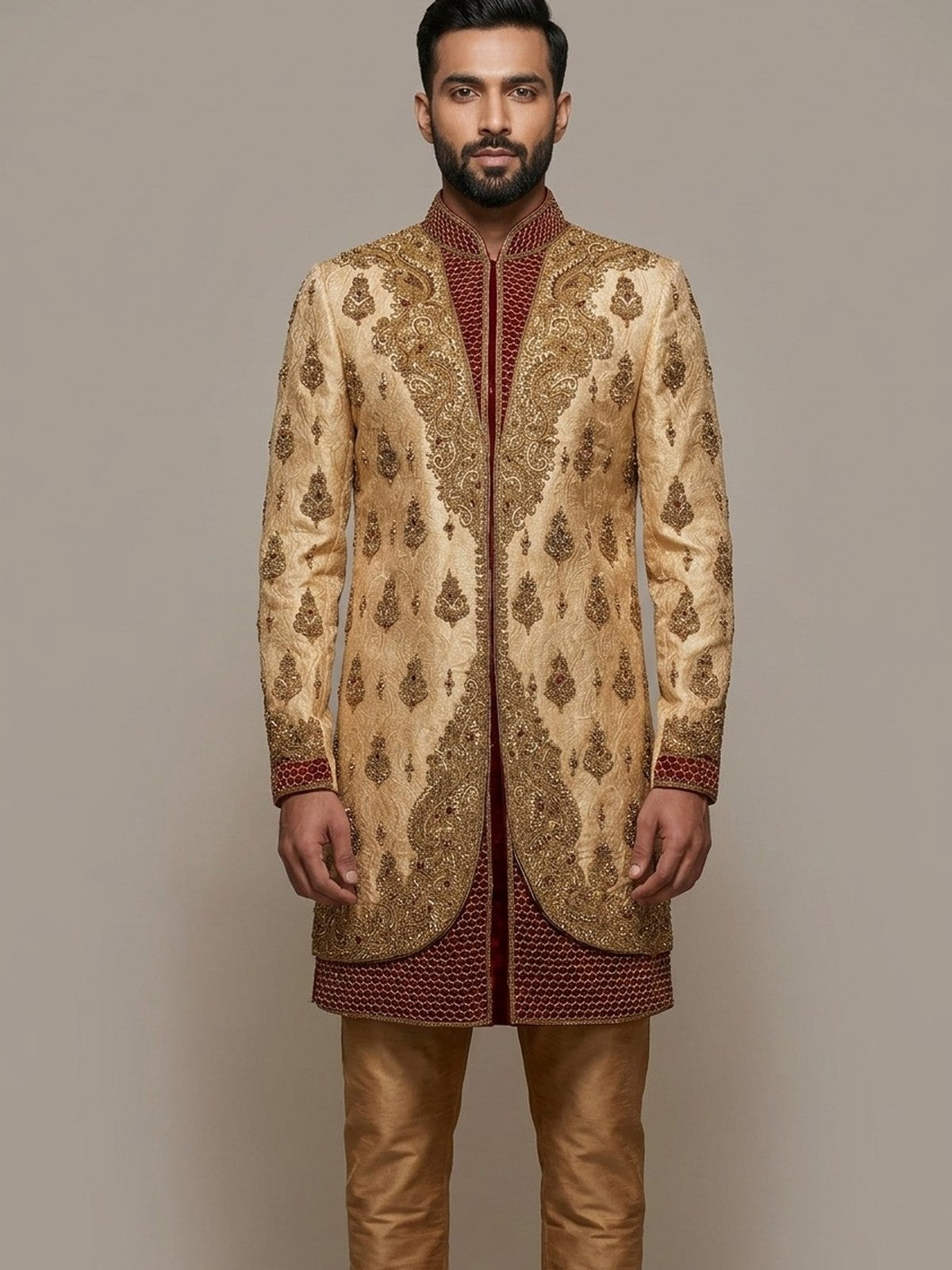 Beige Raw Silk Heritage Sherwani