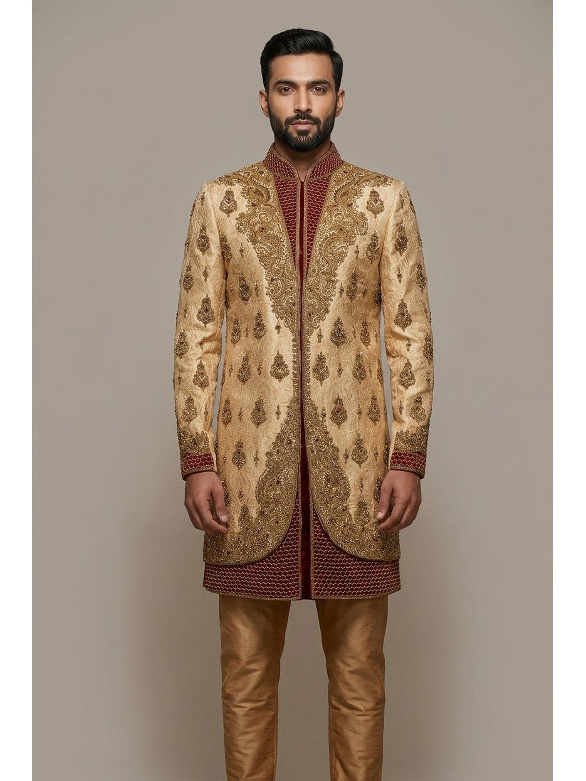 Beige Raw Silk Heritage Sherwani