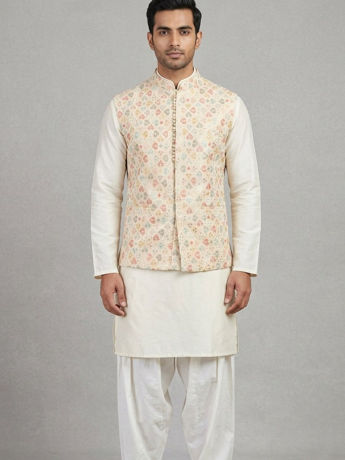 Cream Silk Grandeur Nehru Jacket