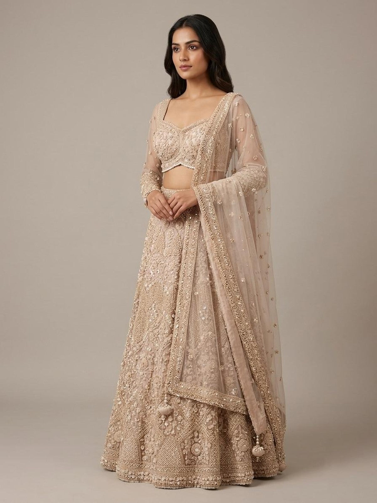 Beige Net Grandeur Lehenga Choli