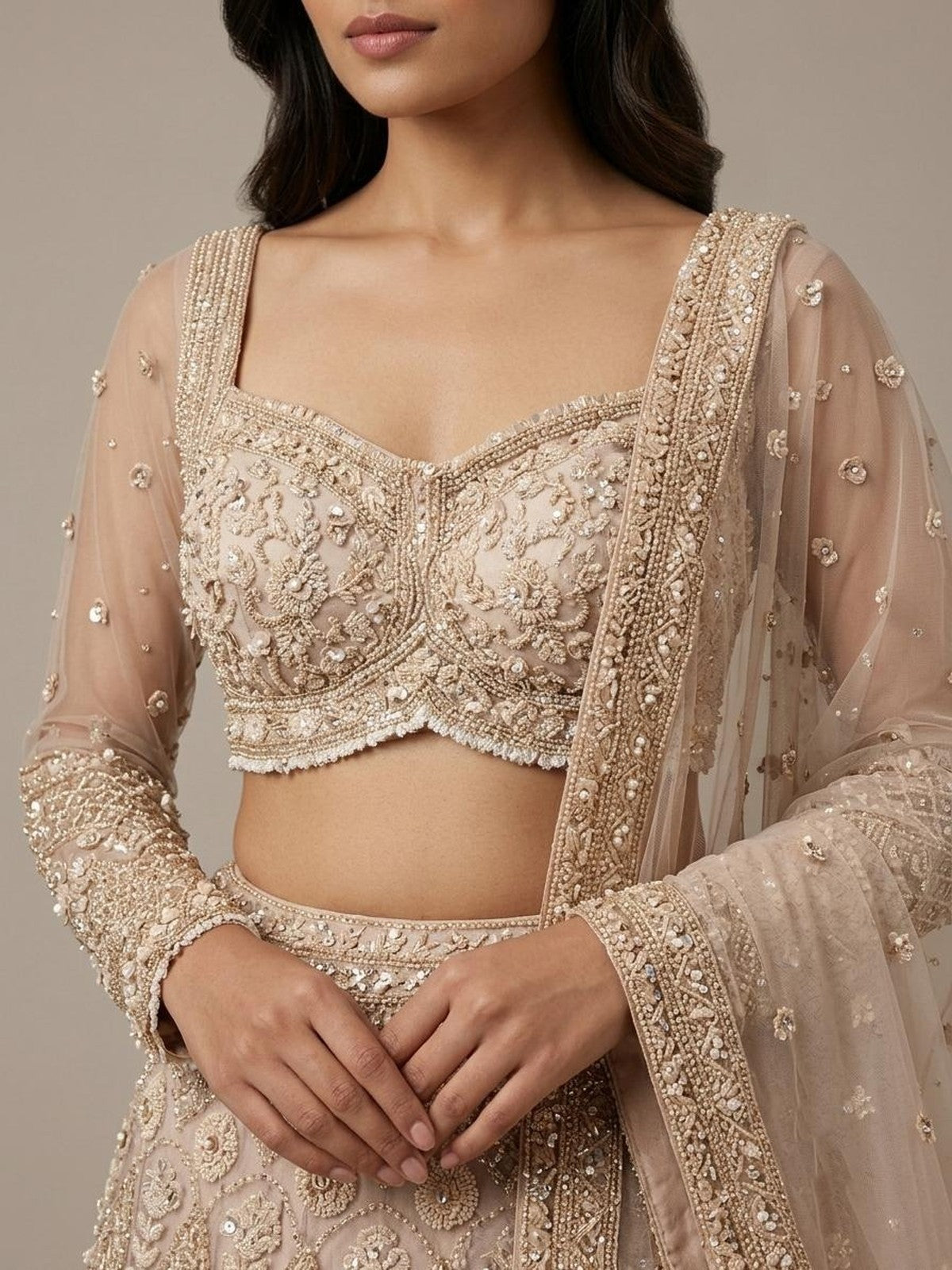 Beige Net Grandeur Lehenga Choli