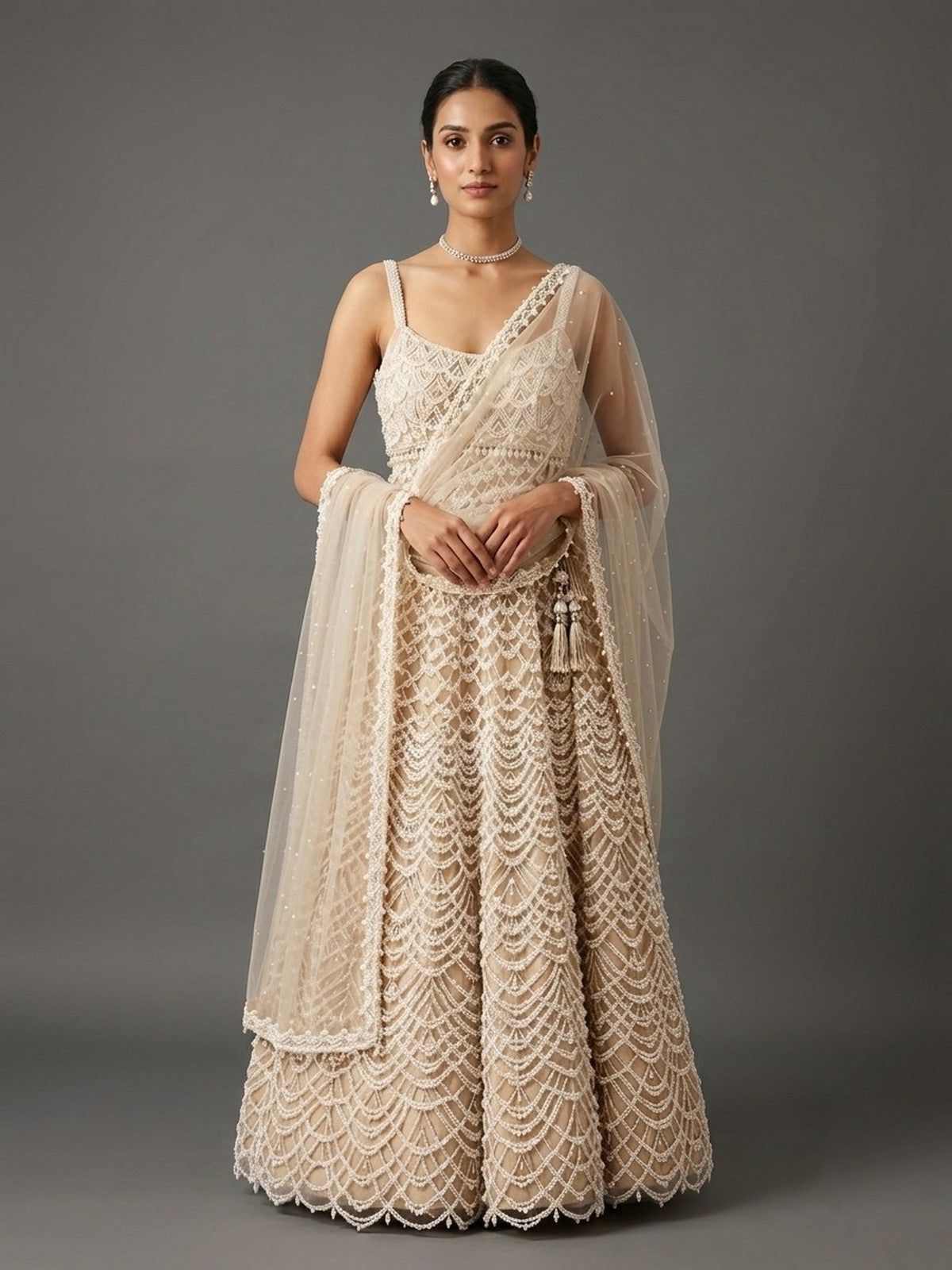 Cream Net Majesty Lehenga Choli