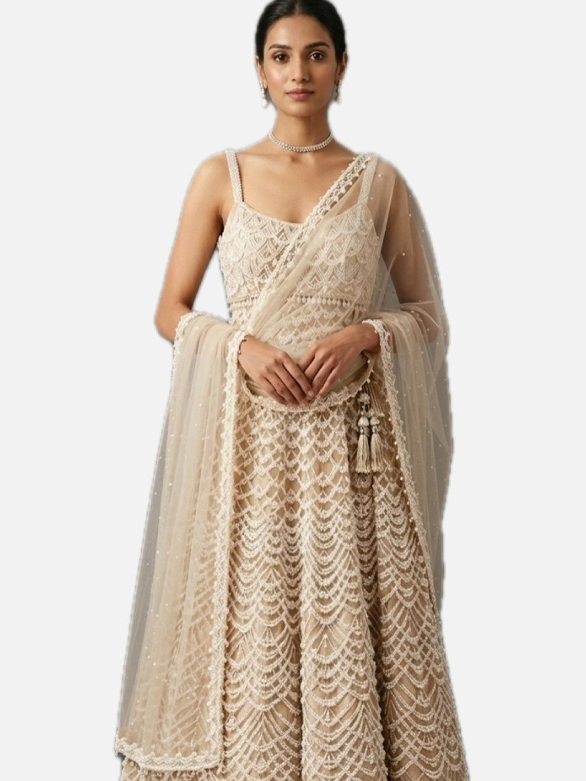 Cream Net Majesty Lehenga Choli