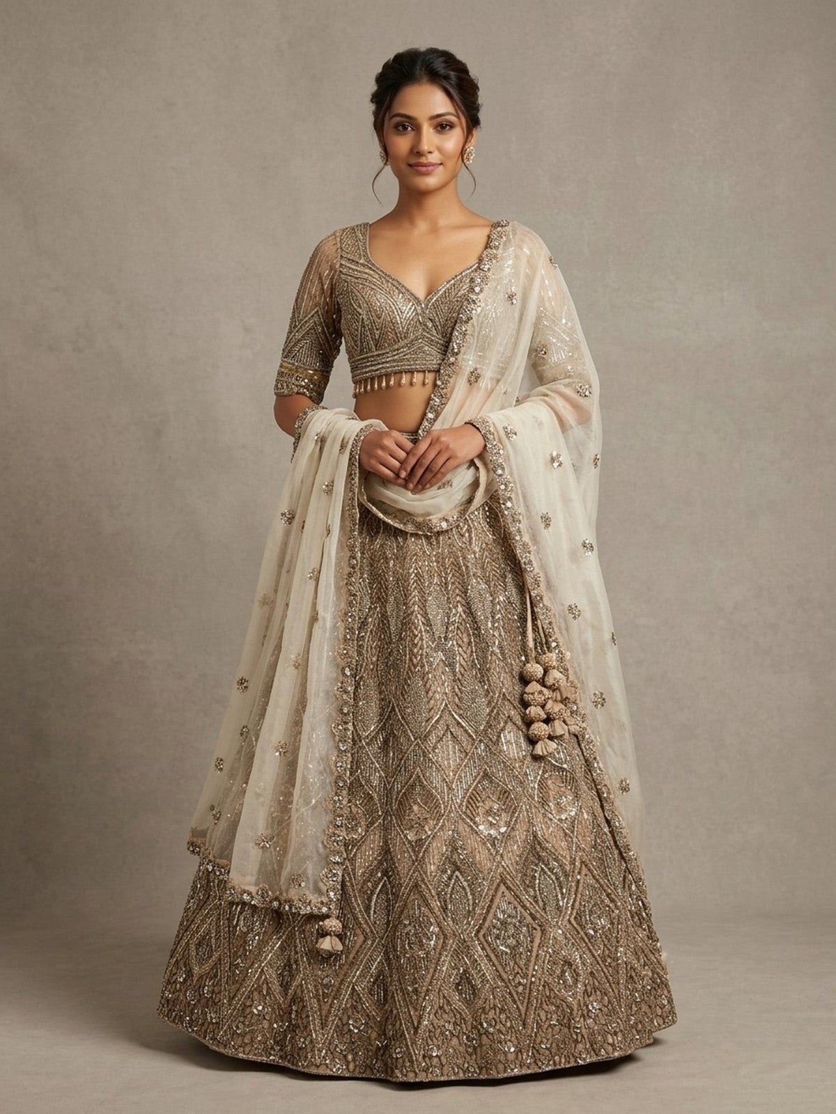 Khaki Net Opulence Lehenga Choli