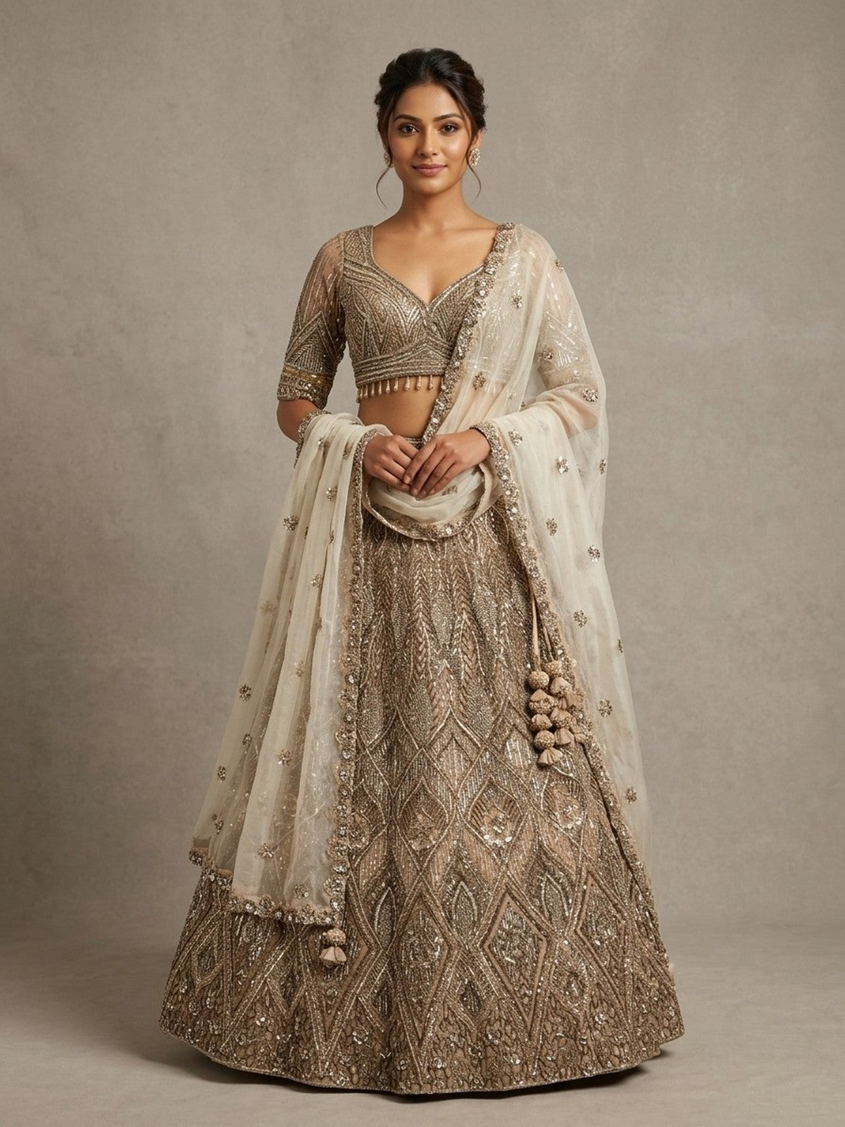 Khaki Net Opulence Lehenga Choli